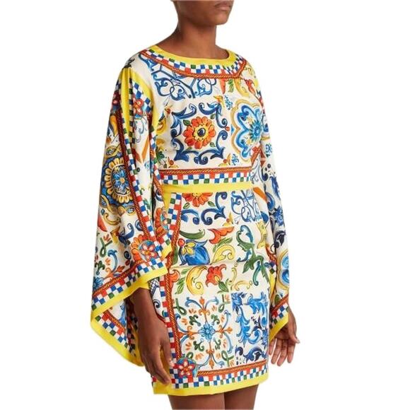 NWT Dolce & Gabbana White Yellow Majolica print Silk Charmeuse Dress IT 40 S - Picture 7 of 12